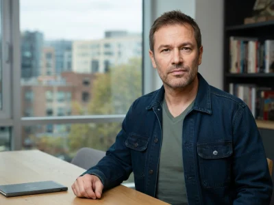 Charles Lelaure est assis à une table en bois dans un bureau avec vue sur la ville.