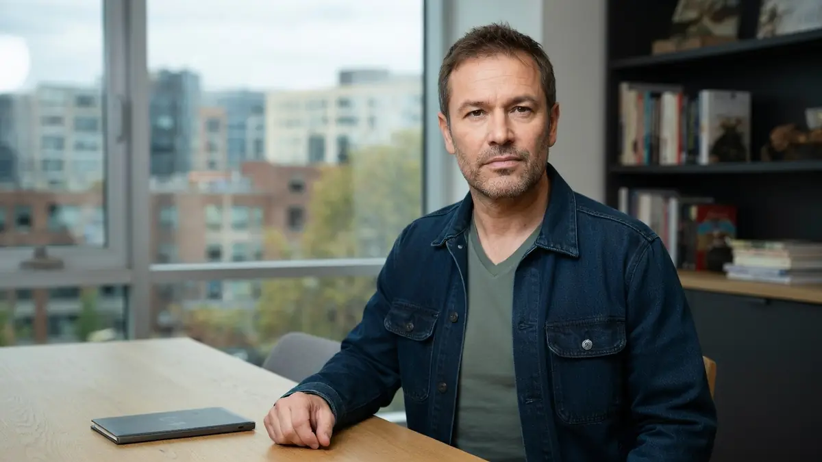 Charles Lelaure est assis à une table en bois dans un bureau avec vue sur la ville.