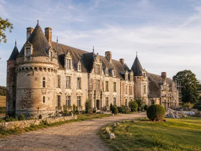 Un château à vendre entouré d'un parc, avec une aile en rénovation au soleil de fin d'après-midi.