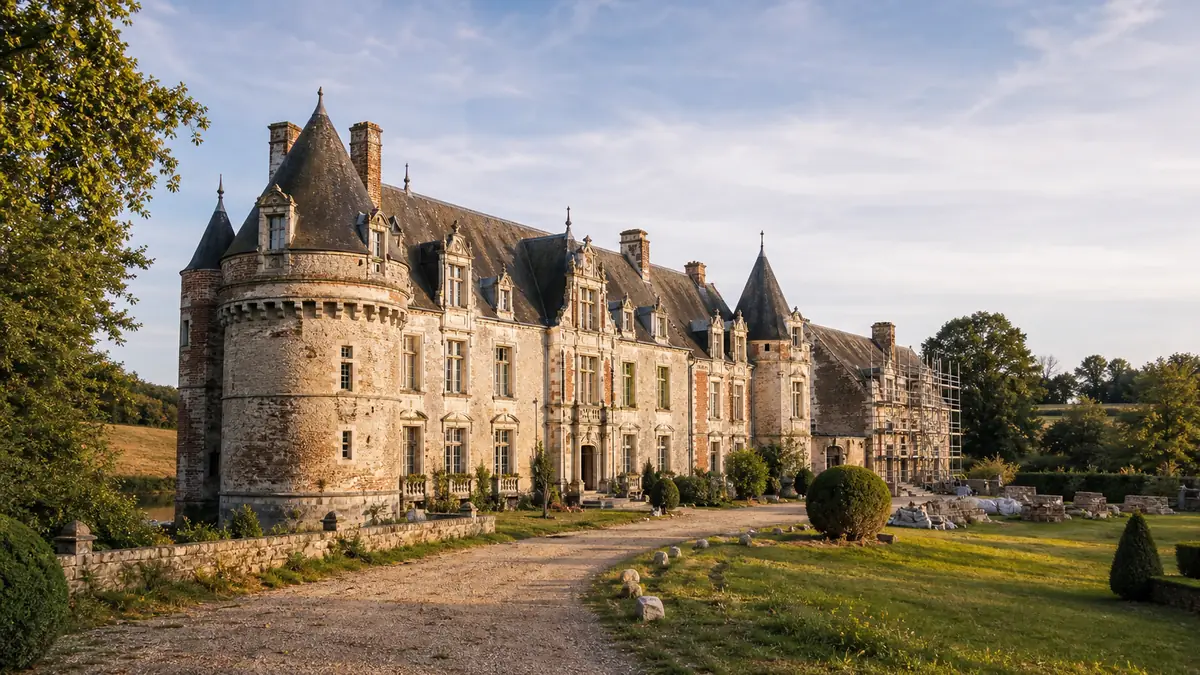 Un château à vendre entouré d'un parc, avec une aile en rénovation au soleil de fin d'après-midi.