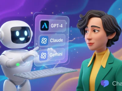 L'illustration de chatgot montre un robot et une femme devant une interface futuriste