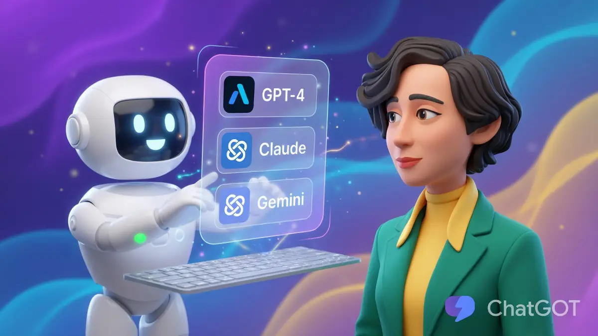 L'illustration de chatgot montre un robot et une femme devant une interface futuriste