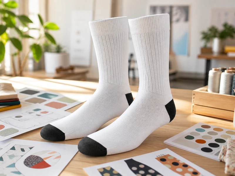 Une chaussette personnalisable en maille blanche présentée sur une table d’atelier textile lumineuse.