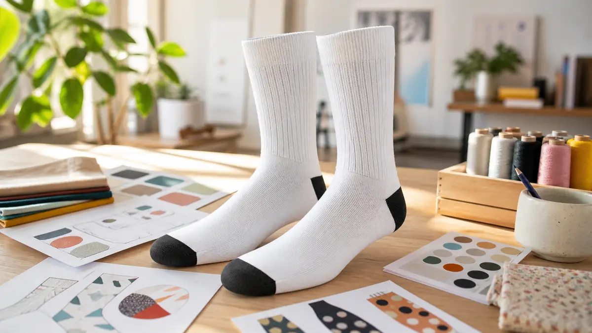 Une chaussette personnalisable en maille blanche présentée sur une table d’atelier textile lumineuse.
