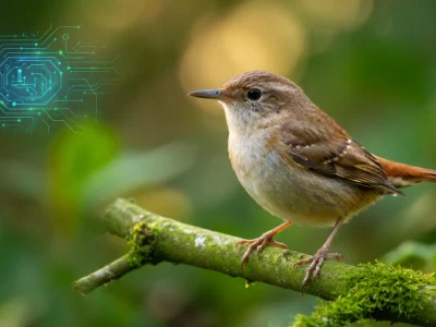 Un petit oiseau perché sur une branche près d'un circuit numérique illustrant le concept Chercan