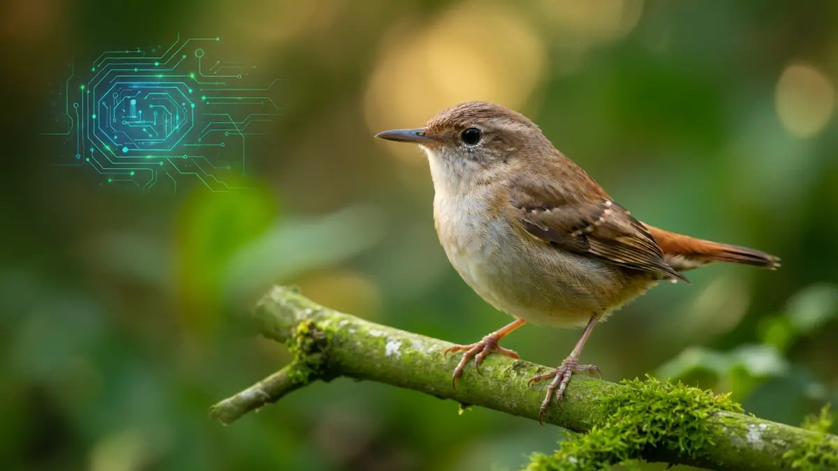 Un petit oiseau perché sur une branche près d'un circuit numérique illustrant le concept Chercan