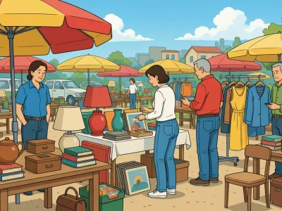 Des chineurs examinent des objets lors d'un vide-grenier 86 sous des parasols colorés
