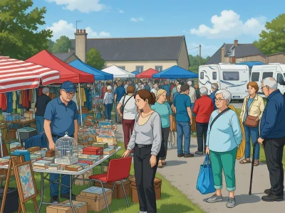 Des personnes flânent entre les stands d'un vide-grenier 44 sous des tentes colorées