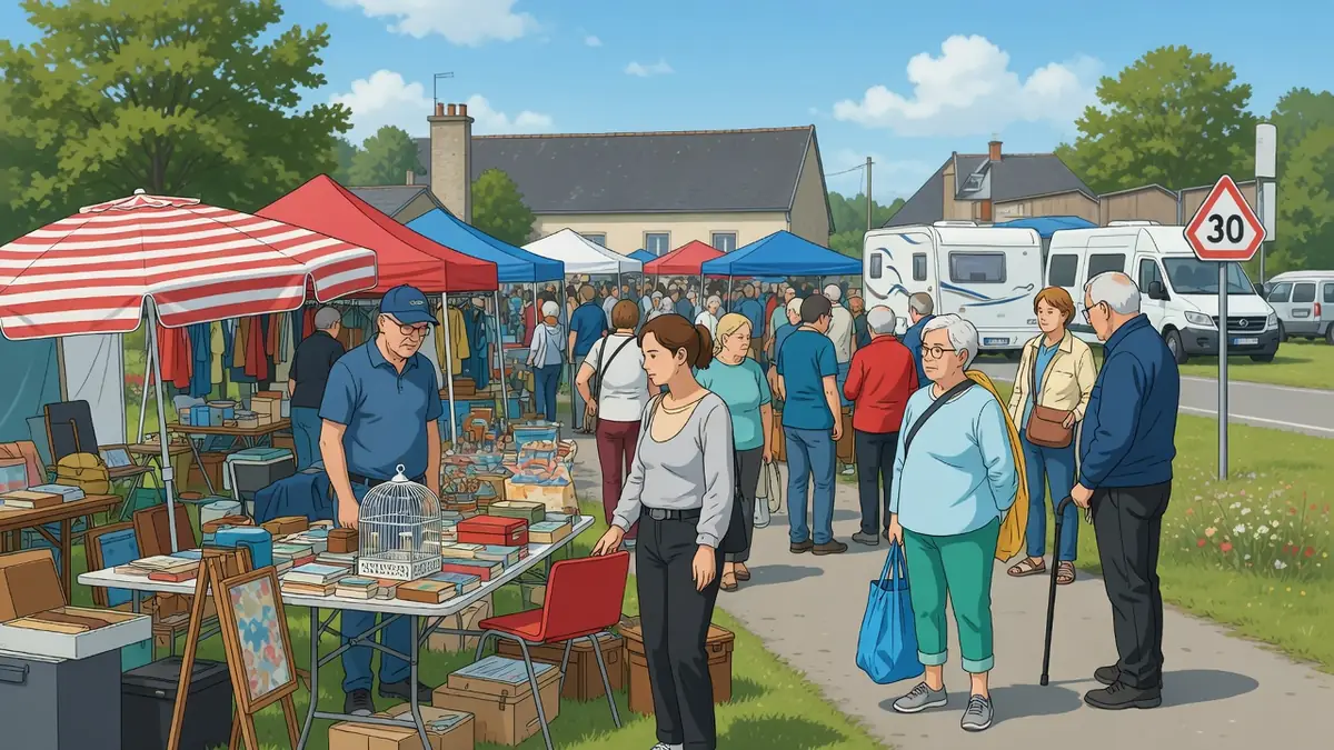 Des personnes flânent entre les stands d'un vide-grenier 44 sous des tentes colorées