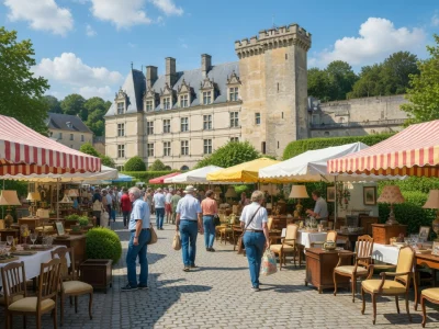 Des visiteurs flânent entre les stands d'une brocante dans le 37 au pied d'un château historique