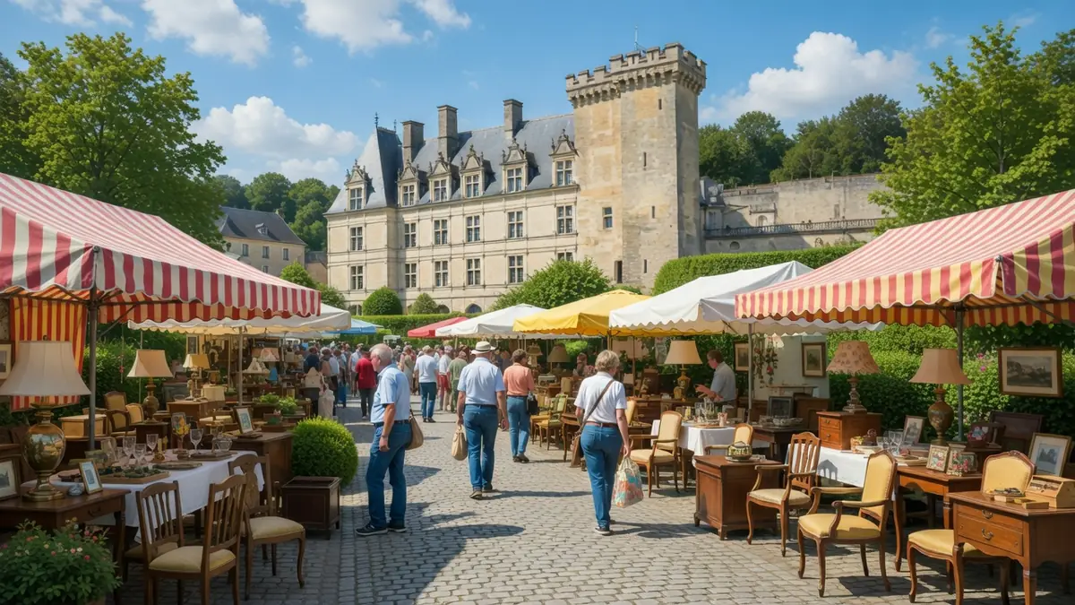 Des visiteurs flânent entre les stands d'une brocante dans le 37 au pied d'un château historique