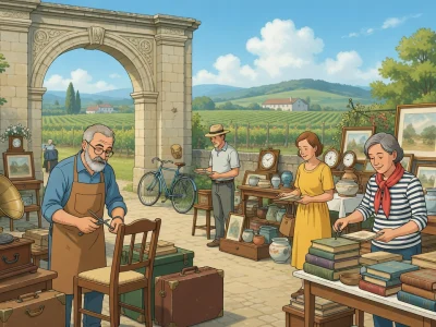 Personnes chinant à la brocante Marne parmi des objets vintage devant un arc en pierre et des vignobles