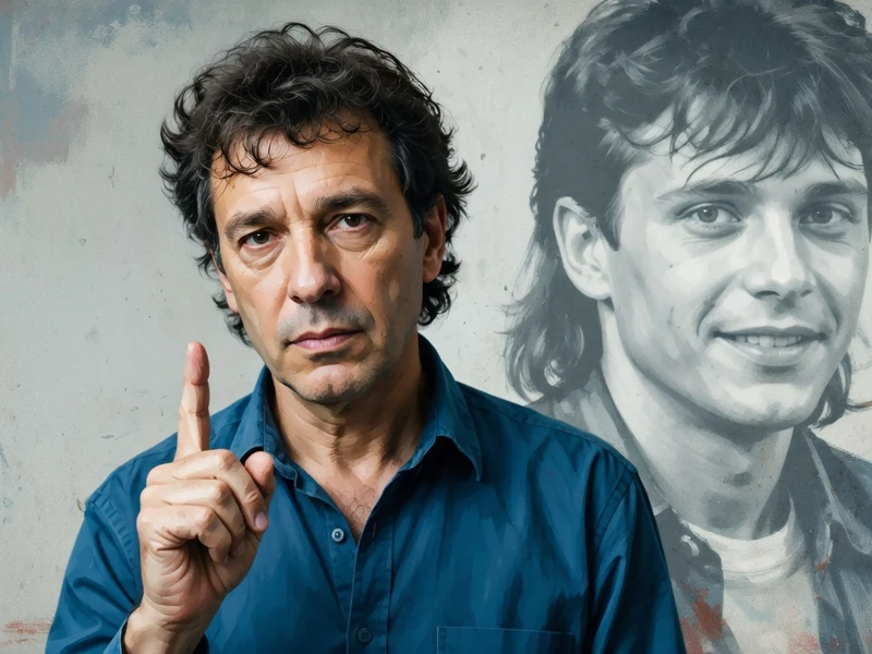 Christophe Sirchis lève l'index devant un portrait de jeunesse