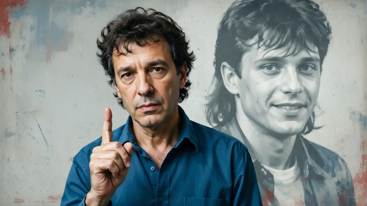 Christophe Sirchis lève l'index devant un portrait de jeunesse