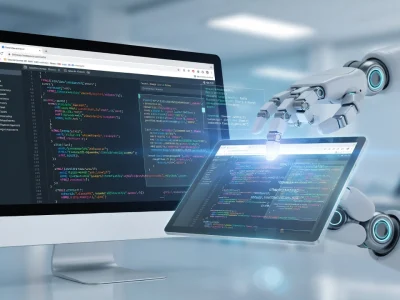 Des bras robotiques interagissent avec du code ChromiumFX affiché sur un écran et une tablette