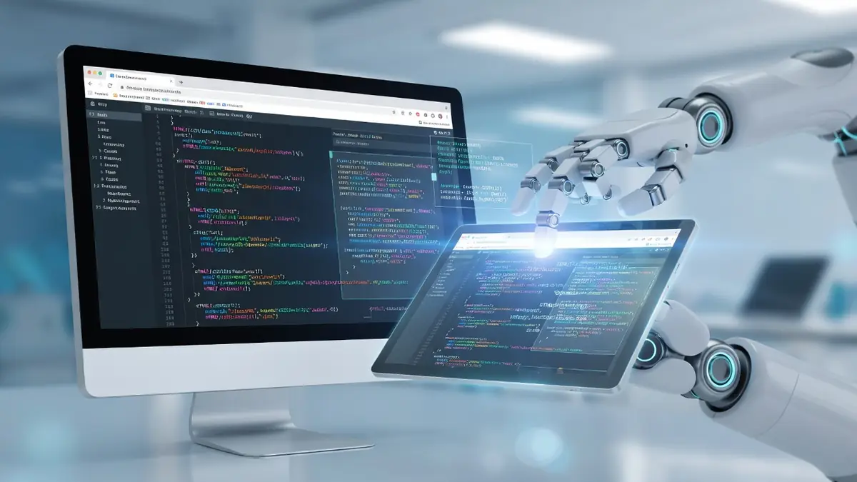 Des bras robotiques interagissent avec du code ChromiumFX affiché sur un écran et une tablette