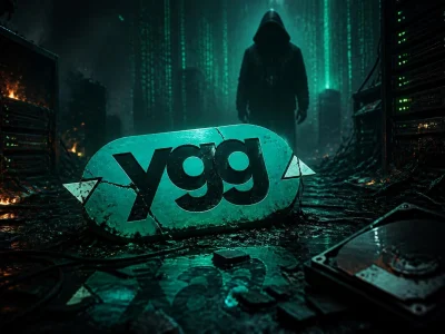 Une silhouette sombre se tient debout dans une salle de serveurs informatiques évoquant la chute de YggTorrent