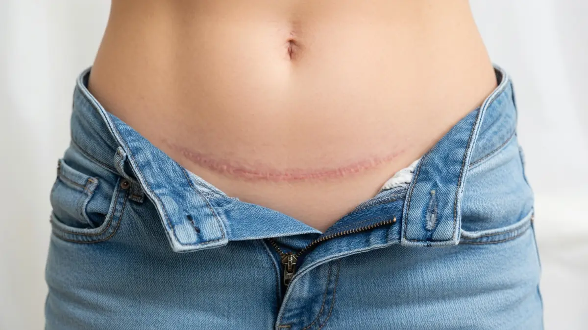 Une femme révèle sa cicatrice césarienne en baissant son jean sur l'abdomen