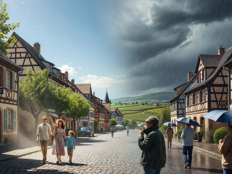 Vue d'une rue alsacienne montrant la météo à Colmar contrastée entre soleil et orage