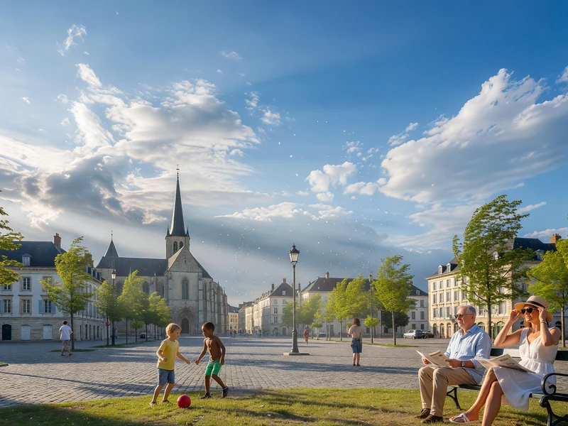 Place ensoleillée animée avec enfants et couple sur banc sous la météo Nevers