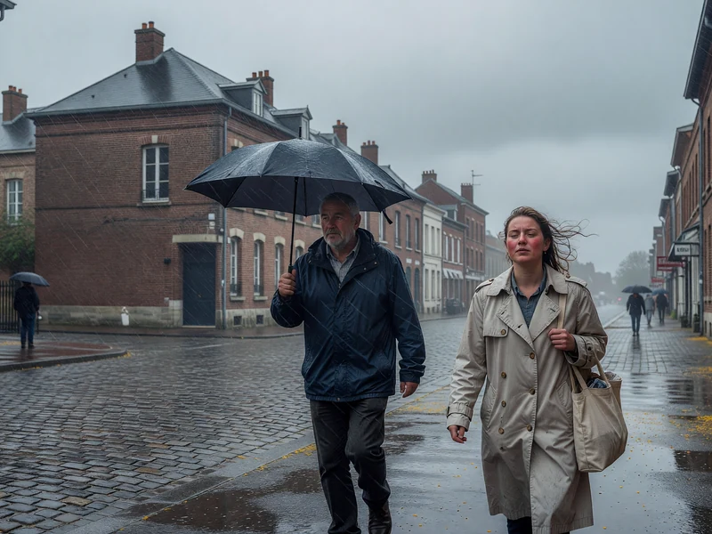 Une rue pavée mouillée avec passants sous la pluie illustre la météo à Tourcoing