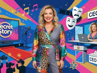 Cindy Lopes apparaît au centre d'une illustration colorée évoquant sa carrière médiatique et professionnelle