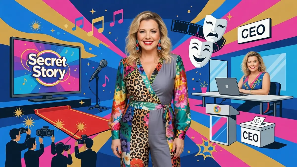 Cindy Lopes apparaît au centre d'une illustration colorée évoquant sa carrière médiatique et professionnelle