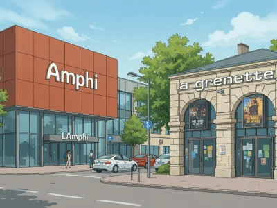 Illustration des façades des deux bâtiments qui composent le ciné Bourg-en-Bresse dans un style dessiné