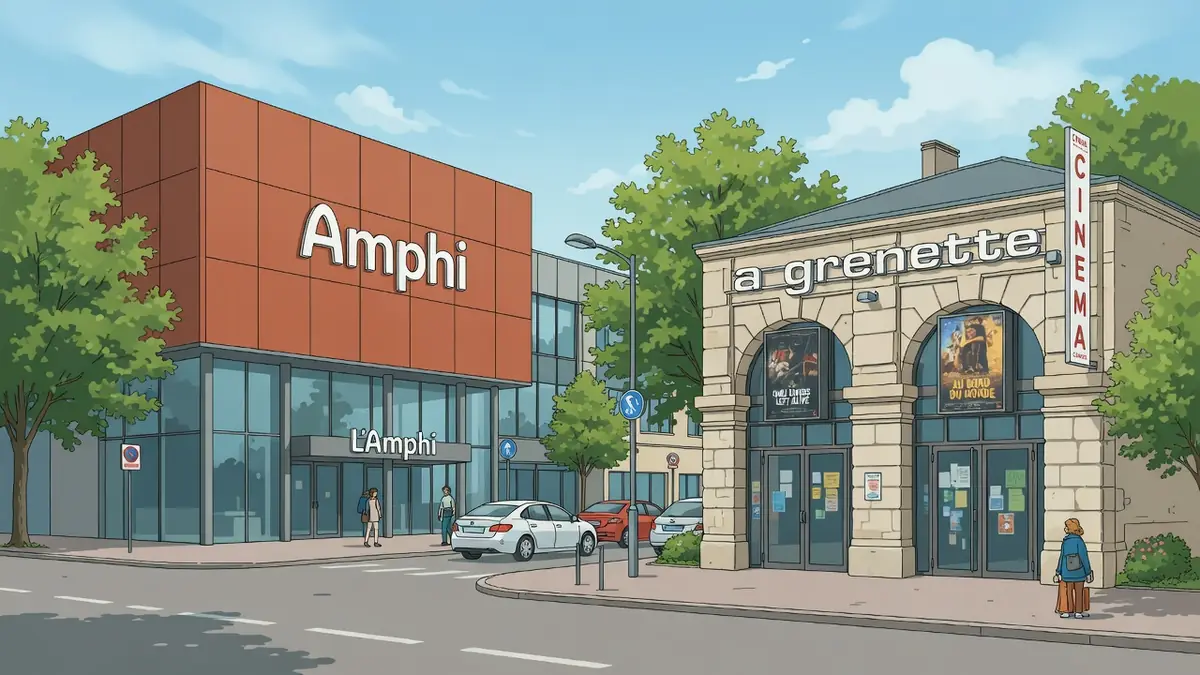 Illustration des façades des deux bâtiments qui composent le ciné Bourg-en-Bresse dans un style dessiné