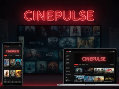 Un smartphone un ordinateur portable et un écran diffusent Cinepulse dans un décor sombre et moderne
