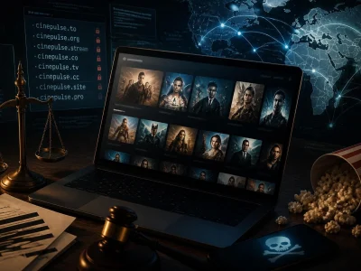 Un ordinateur portable affiche une interface de Cinepulse stream entouré d'objets symbolisant la justice et le piratage