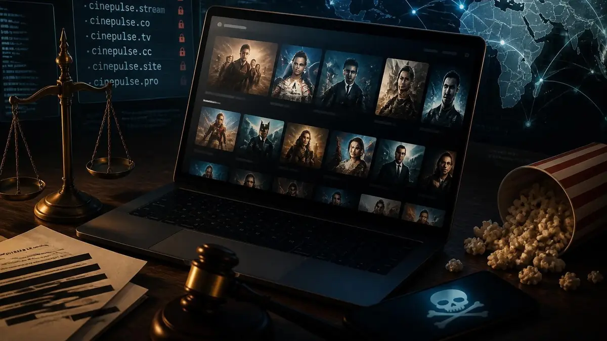 Un ordinateur portable affiche une interface de Cinepulse stream entouré d'objets symbolisant la justice et le piratage