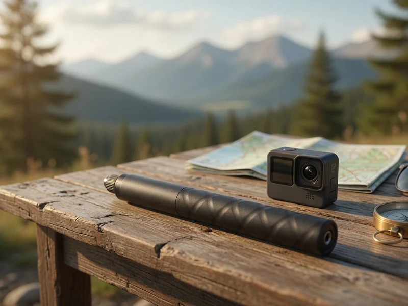 Perche Cinscavg sur une table de voyage avec une caméra d'action face aux montagnes