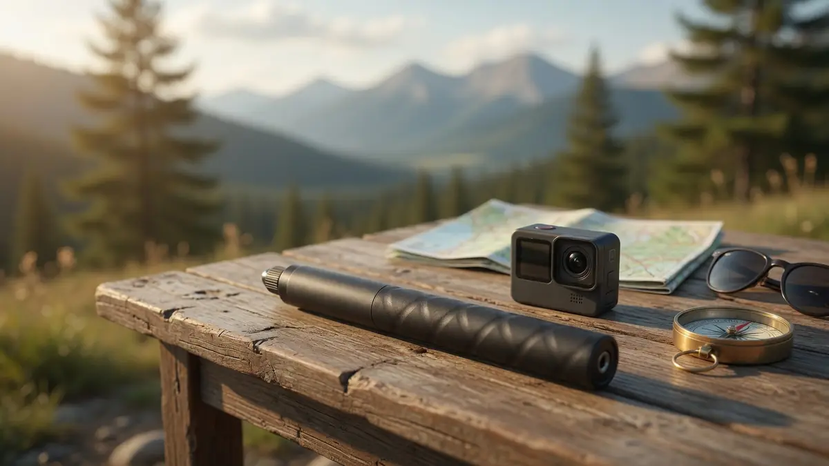 Perche Cinscavg sur une table de voyage avec une caméra d'action face aux montagnes