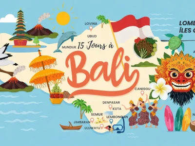 Une carte illustrée détaille le circuit Bali 15 jours à travers les sites culturels et naturels de Bali