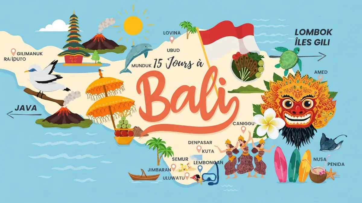 Une carte illustrée détaille le circuit Bali 15 jours à travers les sites culturels et naturels de Bali