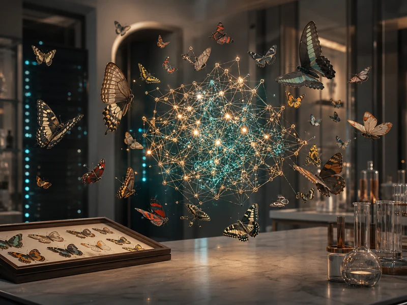 Des papillons entourent un réseau neuronal illustrant Claude Fable 5.