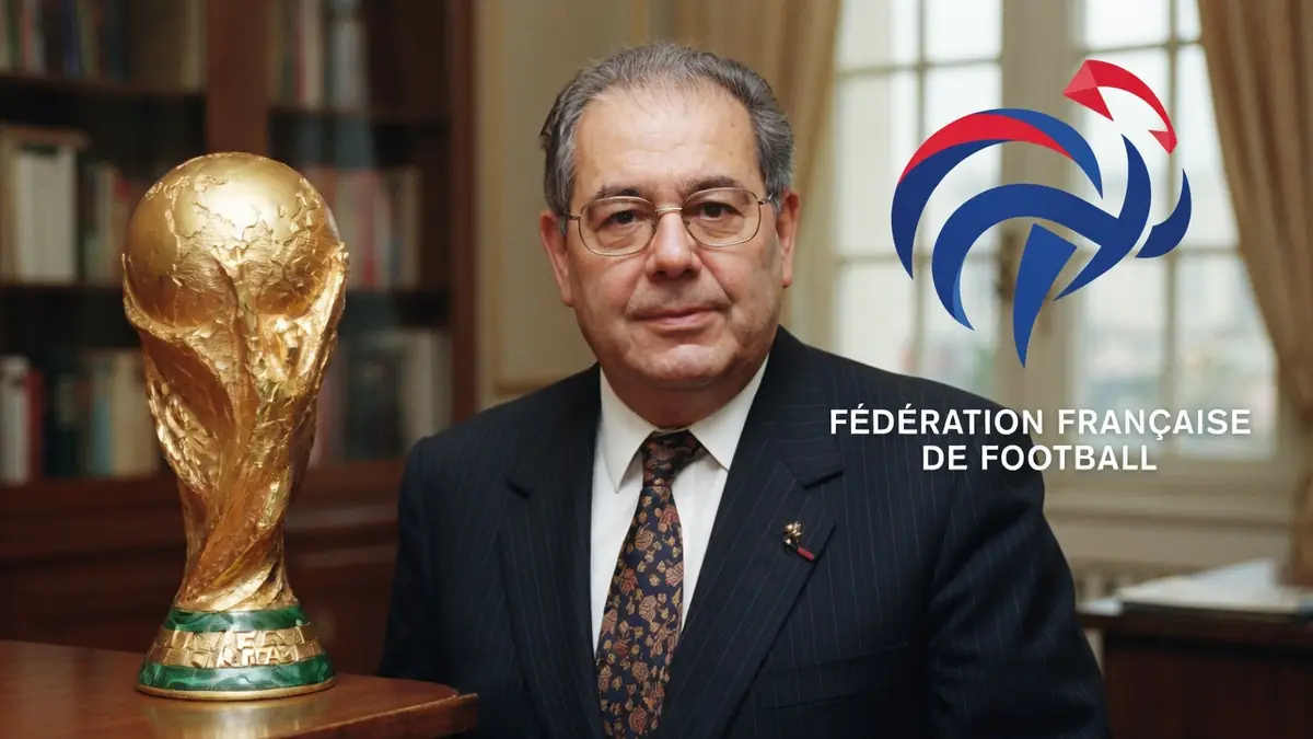 Claude Simonet est assis près du trophée de la Coupe du monde dans un bureau classique