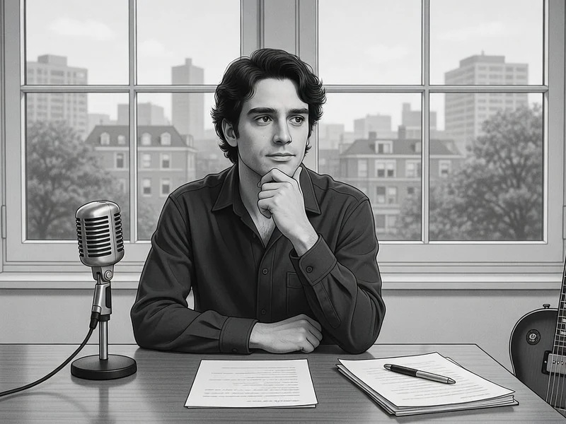 Clément Doumic assis à son bureau avec un micro et une guitare devant une fenêtre urbaine