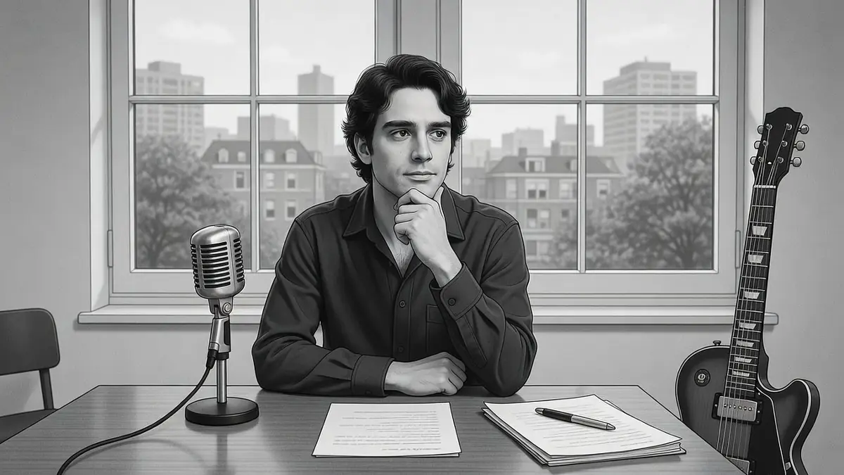 Clément Doumic assis à son bureau avec un micro et une guitare devant une fenêtre urbaine
