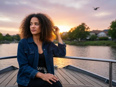 Clémentine Justine est assise sur une terrasse en bois au bord de l'eau au coucher du soleil