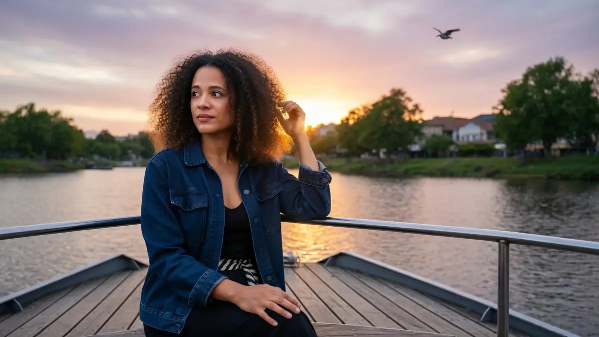 Clémentine Justine est assise sur une terrasse en bois au bord de l'eau au coucher du soleil