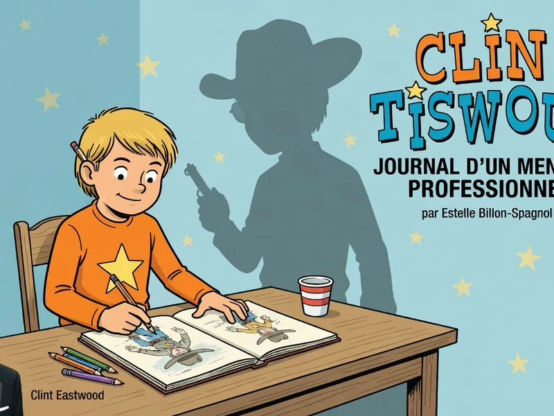 Un jeune garçon dessine un clin Tiswoud sur son cahier tandis qu'une ombre de cow-boy se dresse derrière lui