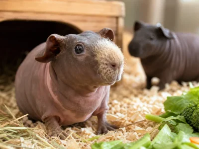 Deux cochons d'Inde sans poils se reposent dans une litière claire près de légumes frais.