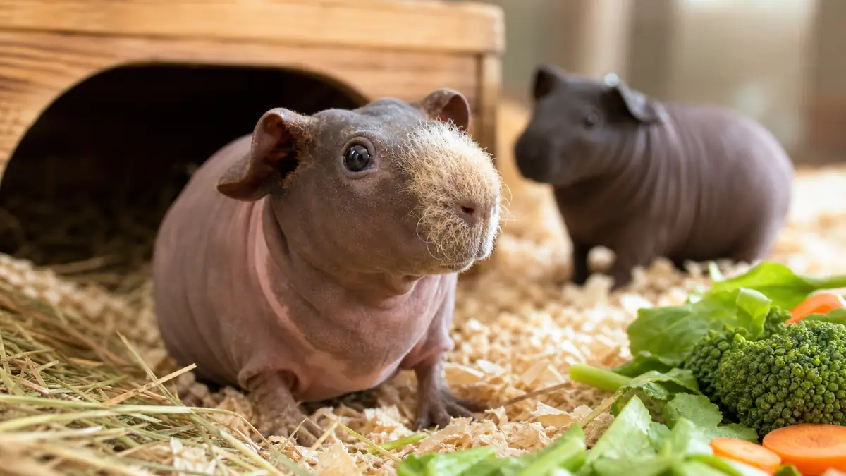 Deux cochons d'Inde sans poils se reposent dans une litière claire près de légumes frais.
