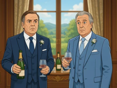 Deux hommes en costume lors d'une réception évoquent l'ambiance de cocorico 2