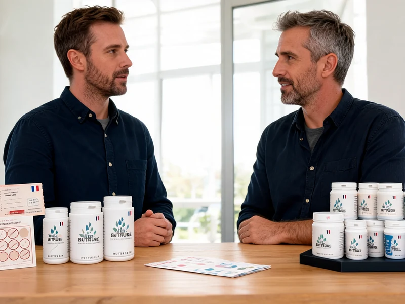 Deux hommes discutent autour d'une table avec des compléments alimentaires et code promo Nutripure