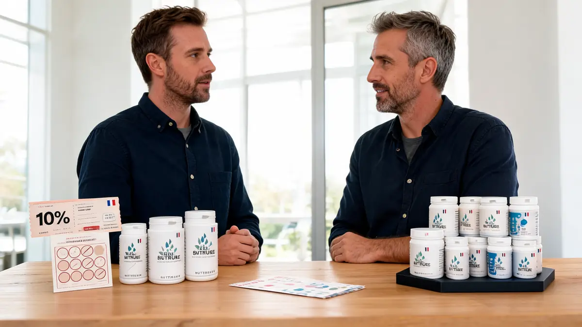 Deux hommes discutent autour d'une table avec des compléments alimentaires et code promo Nutripure