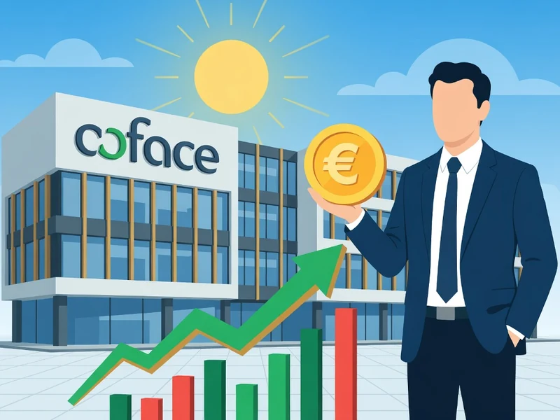 Un dirigeant tenant une pièce en euro avec des graphiques en hausse illustre Coface bourse