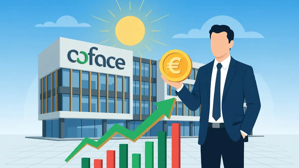 Un dirigeant tenant une pièce en euro avec des graphiques en hausse illustre Coface bourse